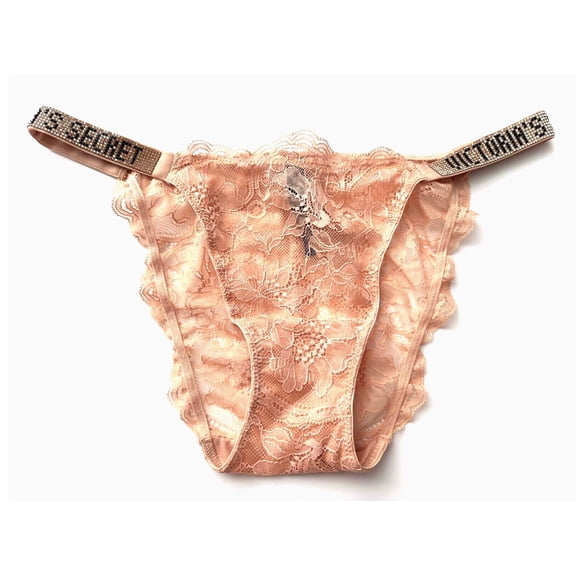 Victoria's Secret Very Sexy Bling Shine Strap Logo Bikini Panty Praline Lace Size Medium NWT