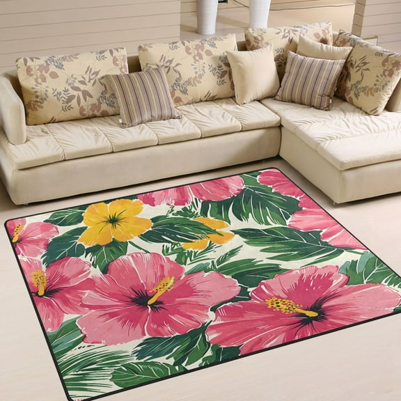 Ryvnso Hibiscus Flower Leaf Area Floor Rugs Soft Non-Slip Large Mats Nursery Carpets 63" x 48"