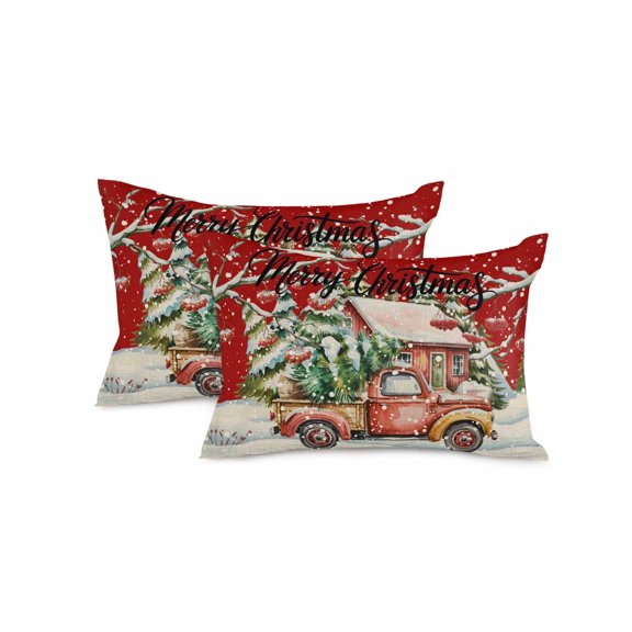 Christmas Throw Pillow Covers 12x20 Inch Set of 2 Merry ChristmasTree Decorative Pillow Covers Red Truck Lodge Red Cushion Cover Pillowcase for Sofa Couch Bed Winter Holiday Xmas Decor