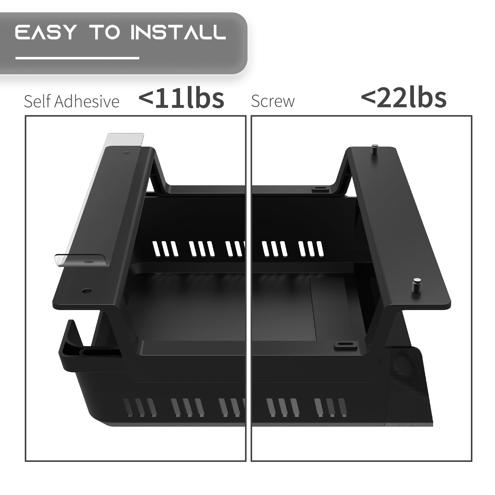 YaGee Under Desk Storage Shelf, Self-Adhesive Under Desk Tray for Standing Desk, Work Station, Gaming Battlestations, Replaces Drawer Organizers for Home, Office Holder, Black