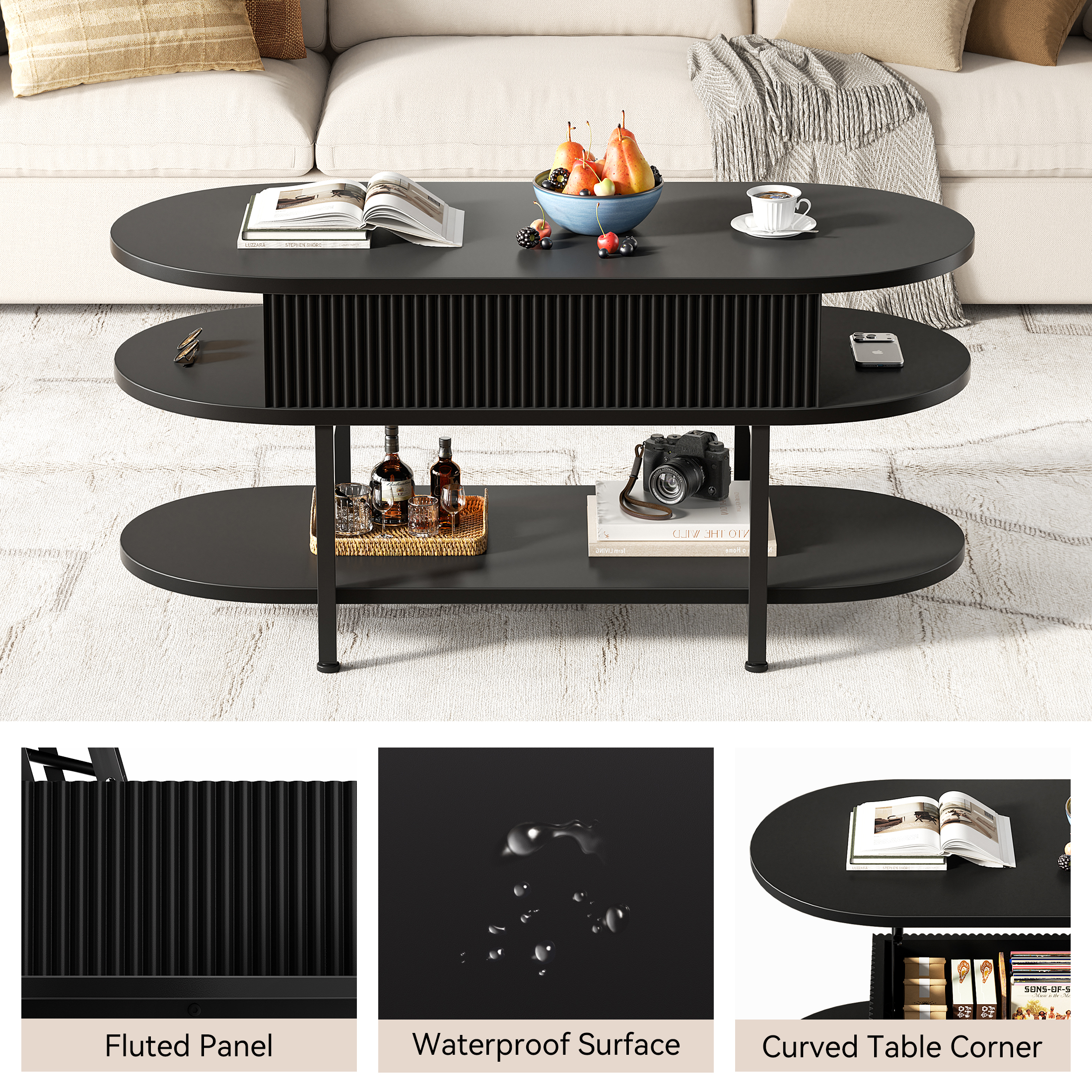 GUNAITO Lift Top Coffee Table with Storage, Modern Farmhouse Center Table with Shelf 3 Tier for Living Room, Black