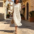 thumbnail image 5 of Ayolanni Crew Neck Fall Dresses for Women Floral 3/4 Sleeve A-Line Maxi Dress Pleated Beach Boho Flowy Long Dress Beige L, 5 of 6
