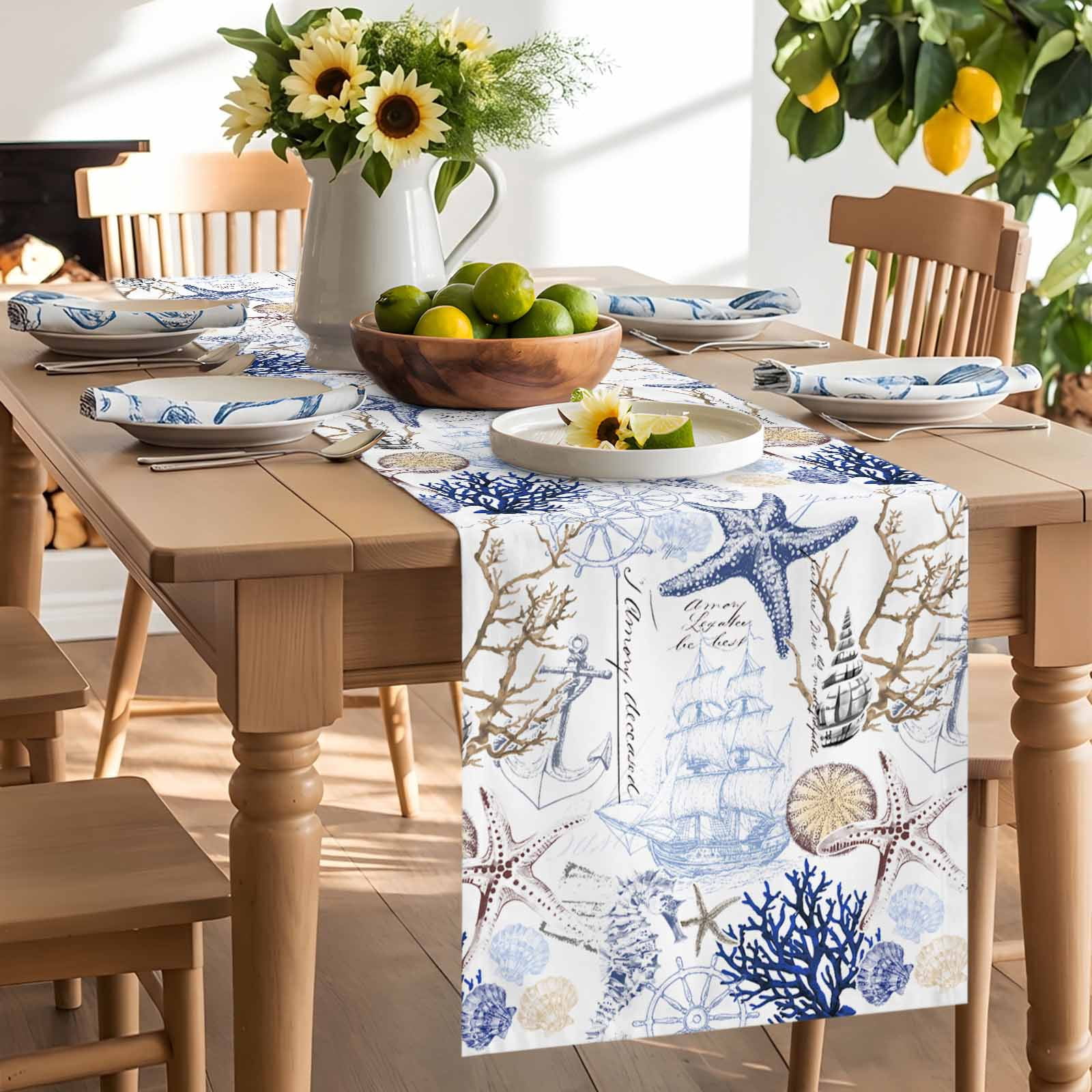 Ocean Starfish Blue Coral Table Runner 90 Inches Long, Nautical Anchor Vintage Boat Table Runners Tabletop Scarf Kitchen Dining Tables Decoration for Home Party Indoor Outdoor