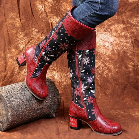 

iLUGU Women Embroidery Print Flowers Round Middle Heels Zipper Toe Booties Shoes Retro Women s Boots