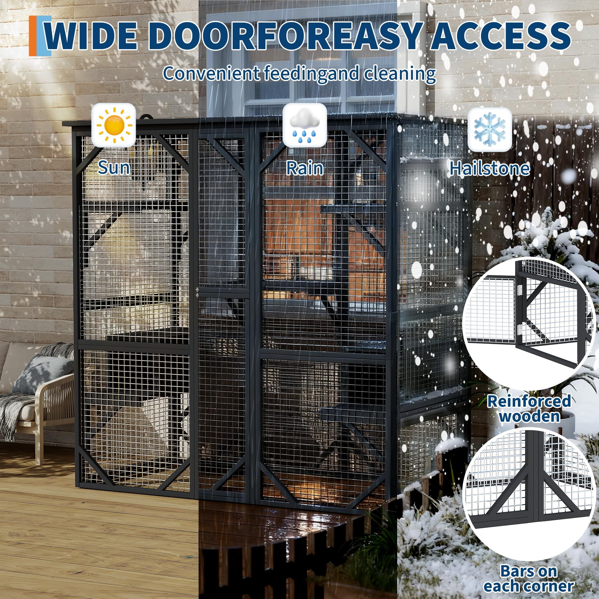Large Wooden Outdoor Catio Enclosure with Window Acces, Spacious Outdoor Cat House for Patio & Backyard, Indoor Cat Playpen