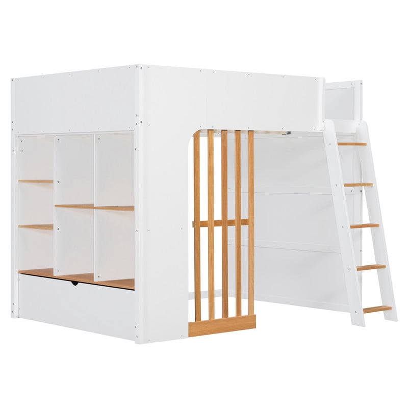 Full Size Kids Loft Bed with Shelves, Wooden High Profile Teens Storage Bed Frame with Ladder and Removable Large Drawer