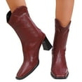 thumbnail image 1 of Wide Mid Calf Cowboy Boots for Women Trendy Leather Square Toe Chunky High Heels Cowgirl Riding Short Boots, 1 of 8