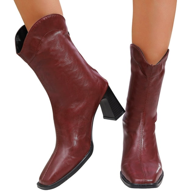 Wide Mid Calf Cowboy Boots for Women Trendy Leather Square Toe Chunky High Heels Cowgirl Riding Short Boots