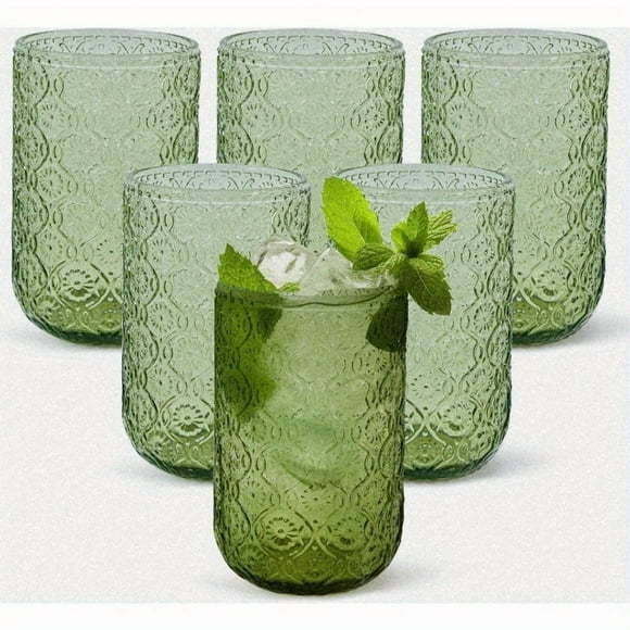 SDOTXA Green Vintage Drinking Glasses Set of 6 14oz hobnail drinking glasses Glassware Embossed Green Water Tumbler for Beer Juice Cocktail Whiskey Milk