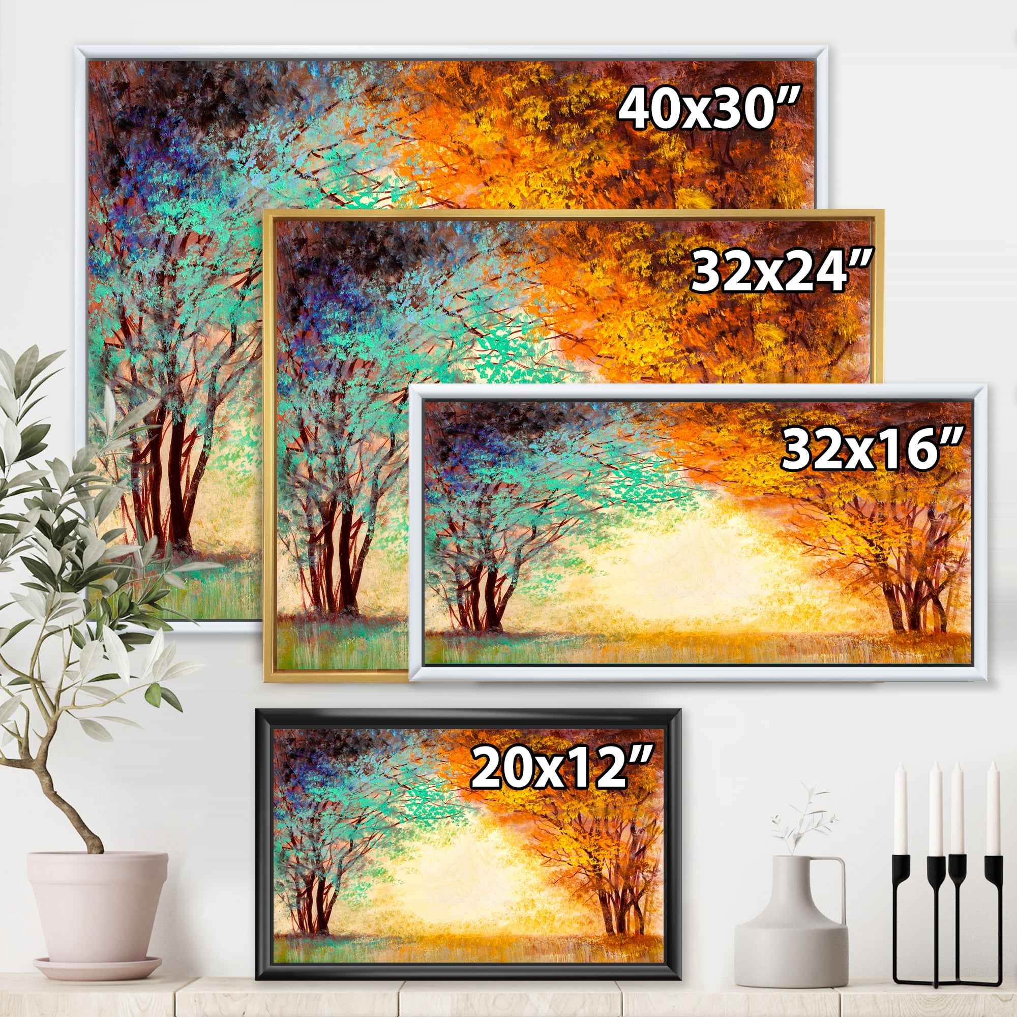 Designart 'Alley Through The Turquise Park In Autumn Sunset ' Traditional Framed Canvas Wall Art Print