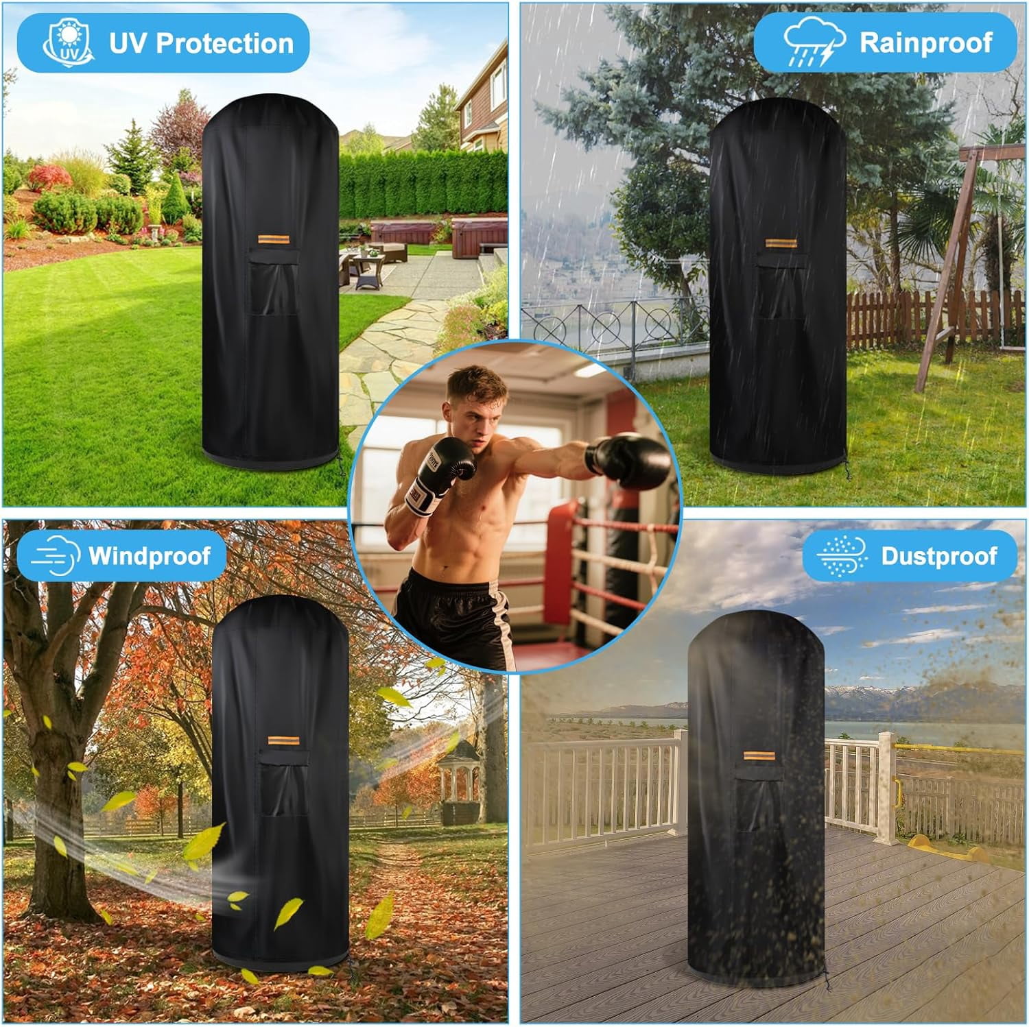 Smlper 70" x 28" 420D Oxford Free Standing Punching Bag Cover, Reflective Thicker Handle, Waterproof Zipper, Full Protector for Dummy Boxing Bag(Black)
