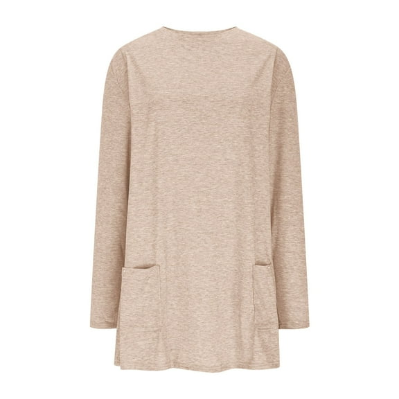 Htigea Women Long Sleeve Tunic Tops Solid Crewneck Pullover Casual Loose Fit Shirts Soft Comfy Everyday Tshirt with Pockets Beige S