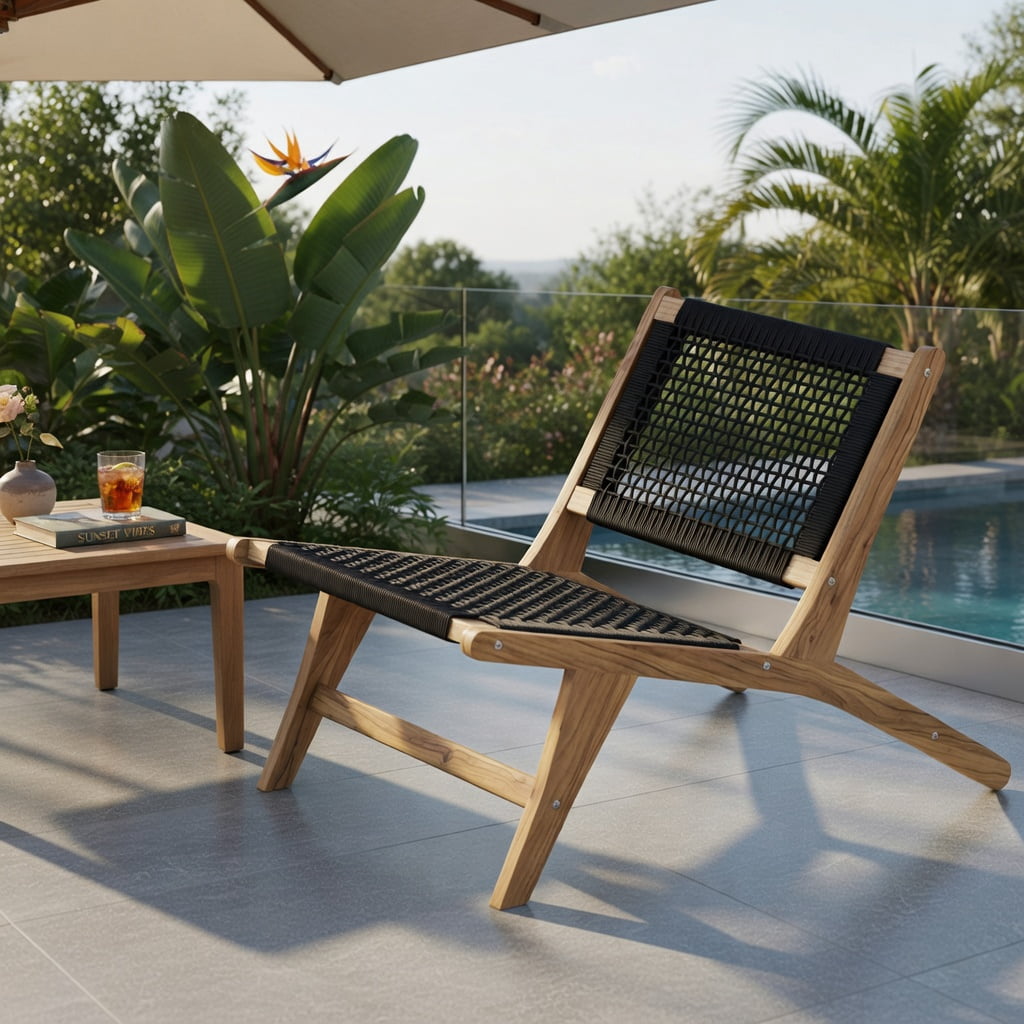 Hommoo Indoor Outdoor Teak Wood Dining Chair with Handwoven Cord Seat & Ergonomic Backrest, Natural + Black