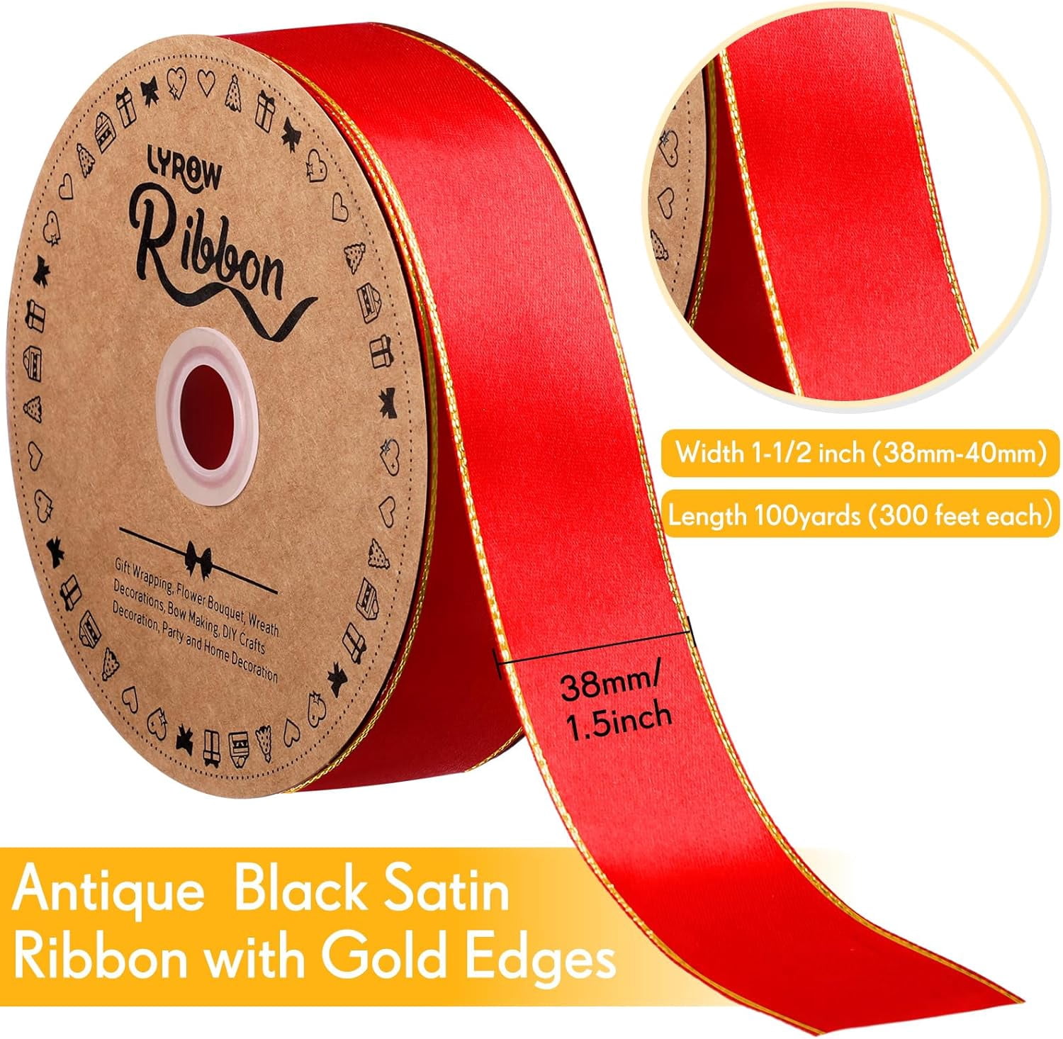 GYTY 50 Yards Red Satin Ribbon with Gold Edges 1.5 Inch Gold Border Fabric Ribbons Funeral Ribbon for Gift Wrapping DIY Crafts Wedding Shower Corsage Bible Decoration Bows Bouquet