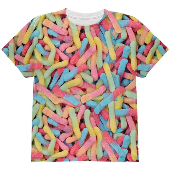 Halloween Sour Gummy Worms All Over Youth T Shirt Multi YXL