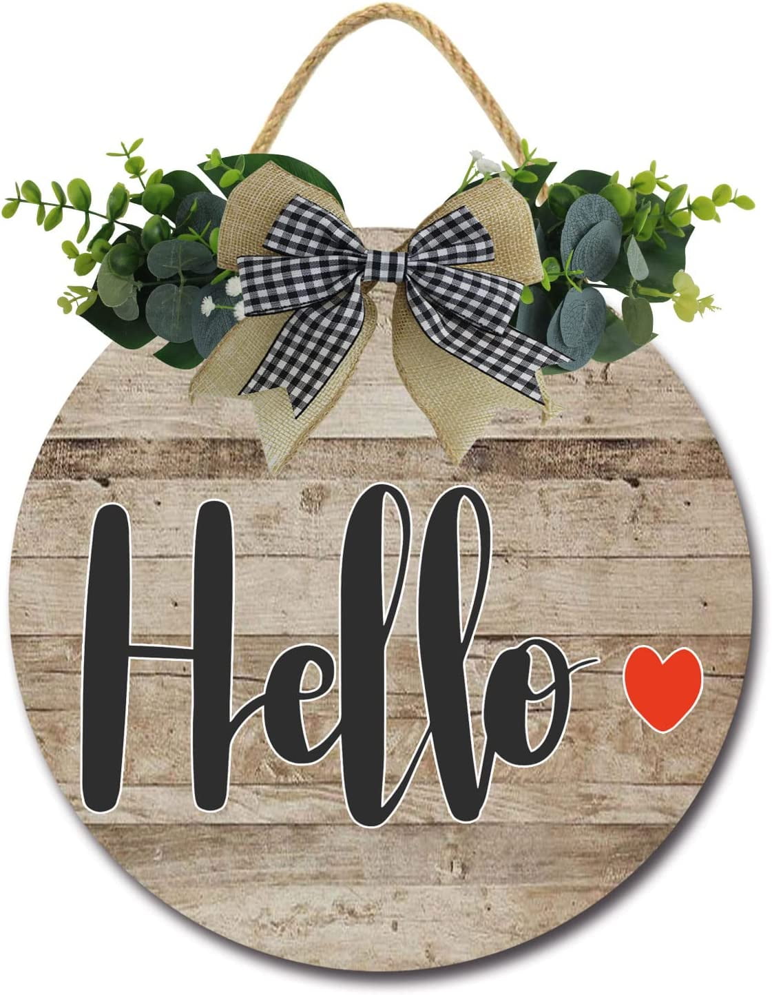 Eveokoki 12" Hello Sign, Hello Front Door Round Wood Sign Hanging