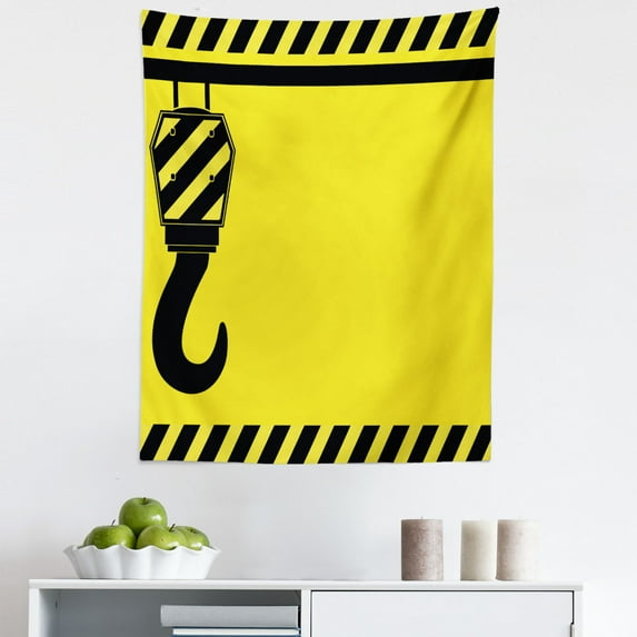 Construction Tapestry, Mechanical Theme Black Hook with Diagonal Striped Frame Picking Pulling, Fabric Wall Hanging Decor for Bedroom Living Room Dorm, 5 Sizes, Yellow Black, by Ambesonne
