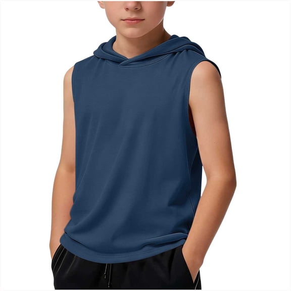 Boys Hooded Sleeveless Tank Tops - Pullover Hoodies Summer Tanks for Boy Lightweight Solid Color Sleeveless Tanks, Blue, 9 Years