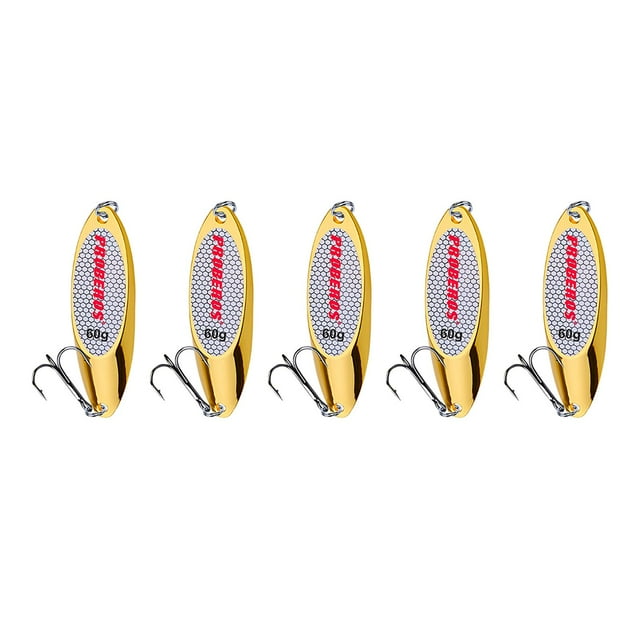 5 cucharas de pesca con anzuelos triples, cebos duros para jigging en agua salada. Oro 60g