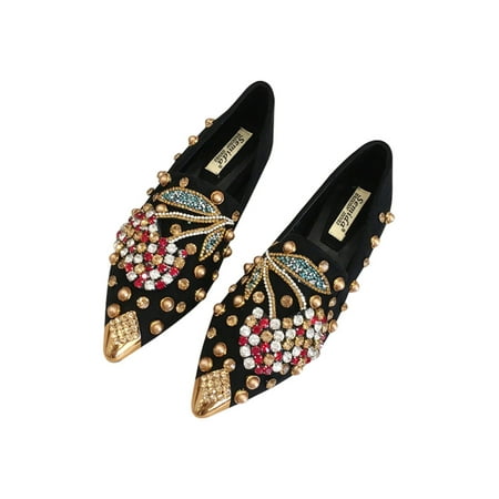 

Wazshop Ladies Flat Shoes Non-slip Flats Slip On Loafers Casual Comfort Dress Shoe Women Rhinestone Luxury Black 8