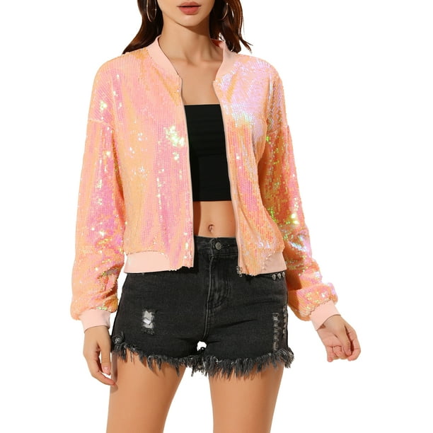 Chaqueta bomber de mujer INSPIRE CHIC con lentejuelas, cierre de cremallera y bolsillos ocultos, color rosa