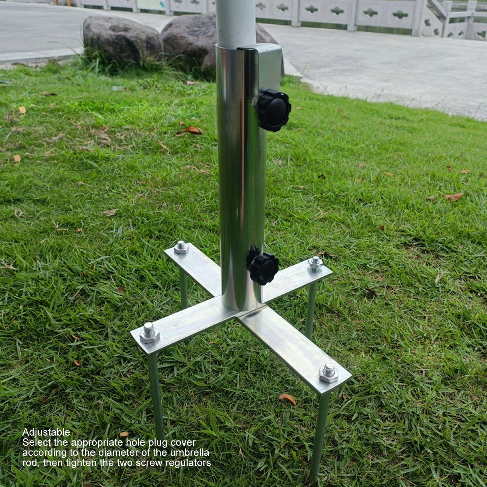 Suodoka Heavy-Duty Adjustable Stainless Steel Patio Umbrella Stand Inground Holder with 4 Spikes, Portable Ground Anchor Base for Beach, Yard, Garden and Park, Fits 1.73 inches / 44mm Poles
