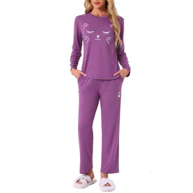 Conjuntos de lounge para mujeres INSPIRE CHIC, camisetas de manga larga con estampado de gatos y pantalones, pijamas con bolsillos, XS, púrpura