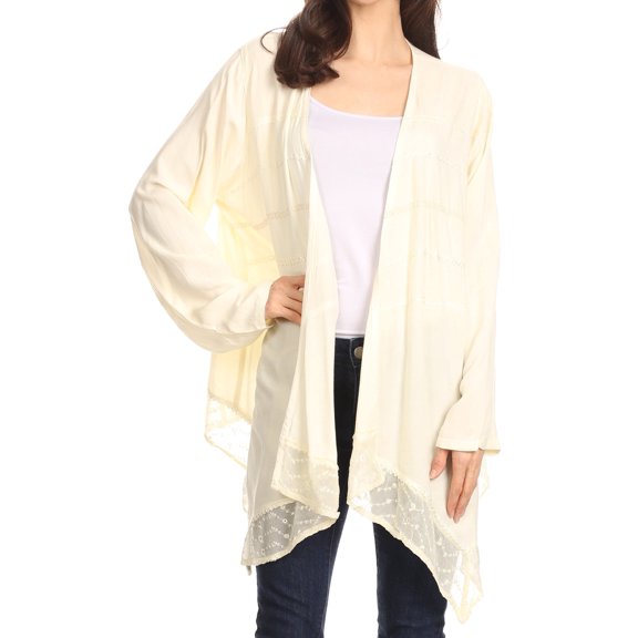 Sakkas Isenia Cardigan Open Front Kimono Long Sleeve Embroidered Top Blouse Lace - Ivory - One Size Plus