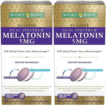 2 X 60 Capsules - Natures Bounty Dual Spectrum Bi-Layer Melatonin Tablets, 5mg, 120 Tablets (2 X 60 Count Bottles)