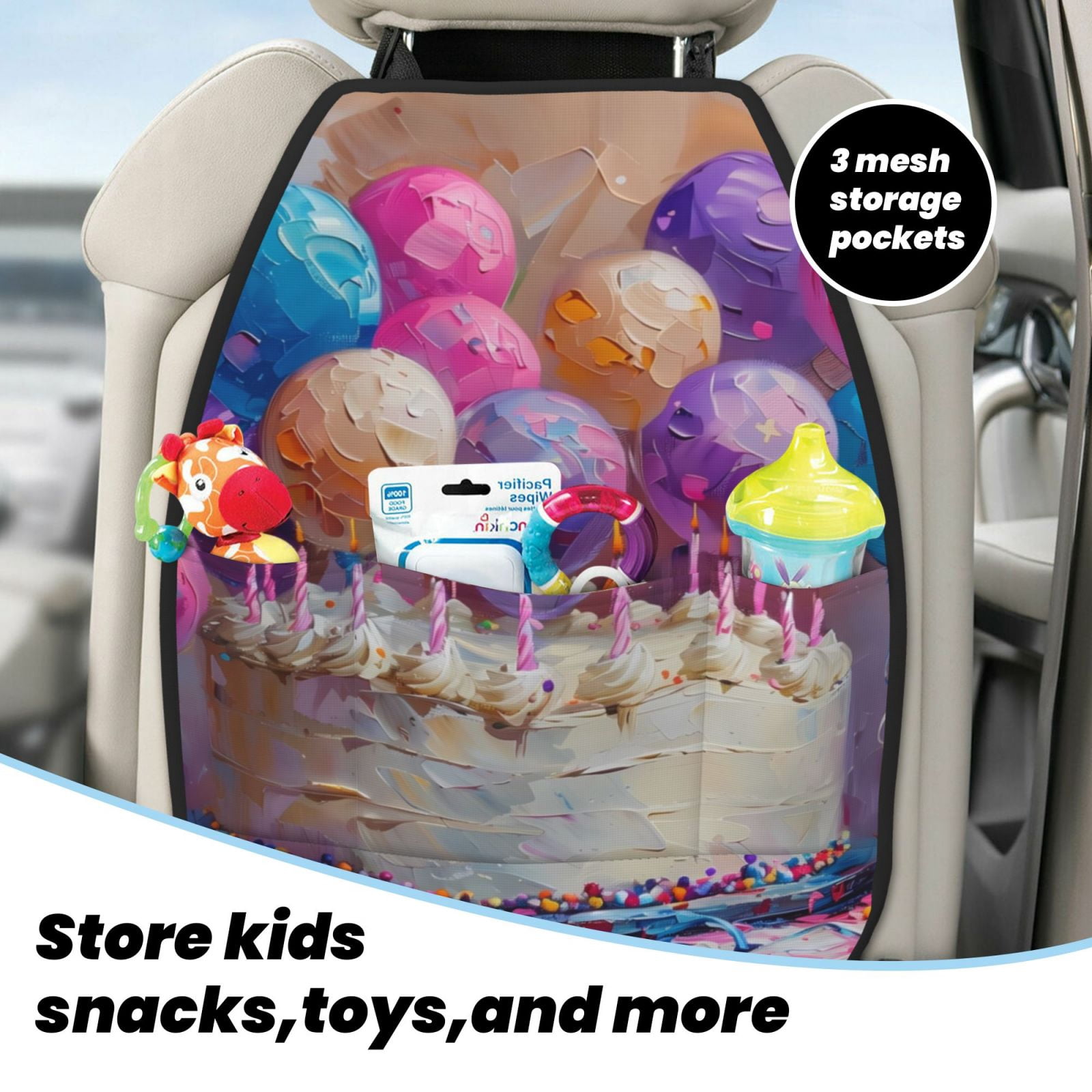 Xecao Colorful Balloon Cake Celebration Pattern Car Seat Back Protector 2 Pack Large Capacity Pocket, Kick Mats Back Seat Protector