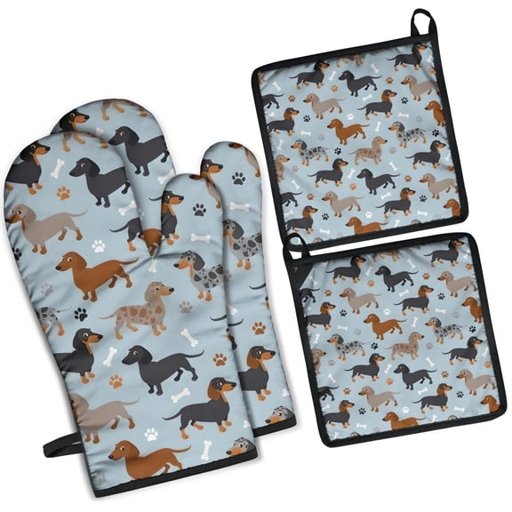 Cute Dachshund and Dog Footprint Kitchen Oven Mitt and Pot Holder Sets 2 Pcs for Baking, Cooking and Grilling, Heat Resistant Up To 392 °F