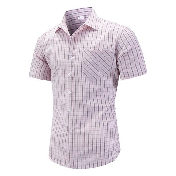 hotojiny Gentleman Short Sleeve Dress Shirts Plaid Ruched Casual Button down Shirts for Men Summer Regular Fit Stretch Tops with Pocket