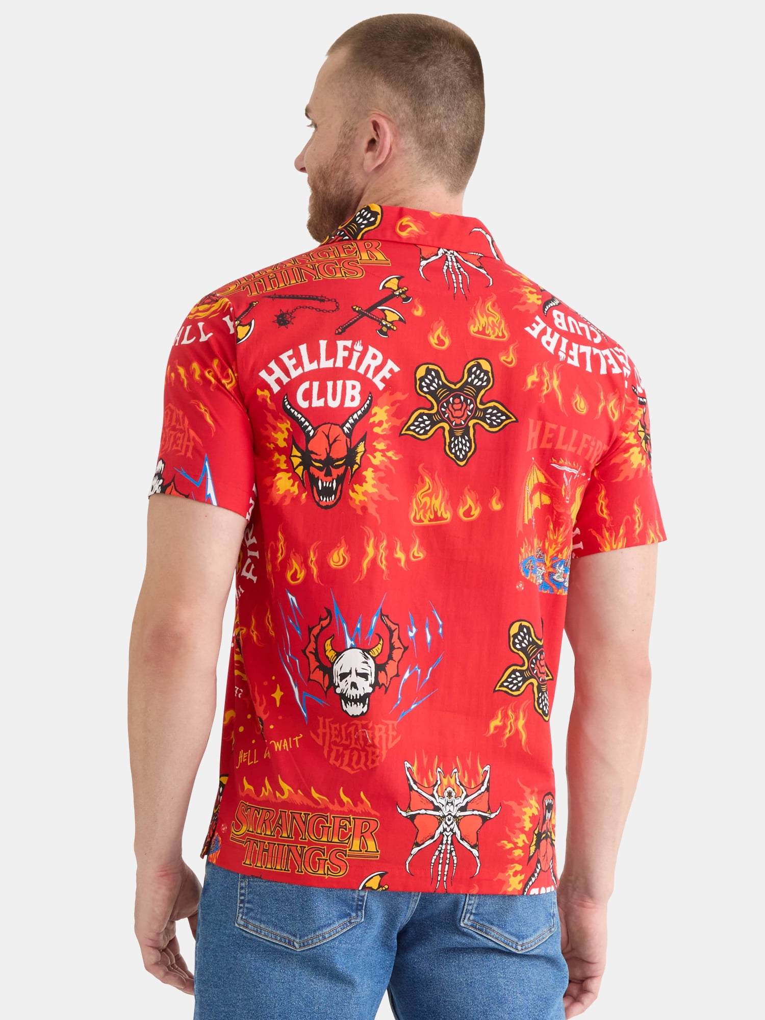 Netflix Stranger Things Men's and Big Men's Hellfire Club Print Button-Up Cotton Shirt with Short Sleeves, Sizes XS-3XL