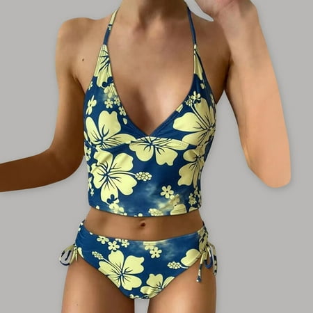Munlar Swimsuit for Women Bikinis Blue Two-Piece Sets Beach Swim Briefs Spaghetti Straps Floral Swimsuit Sets