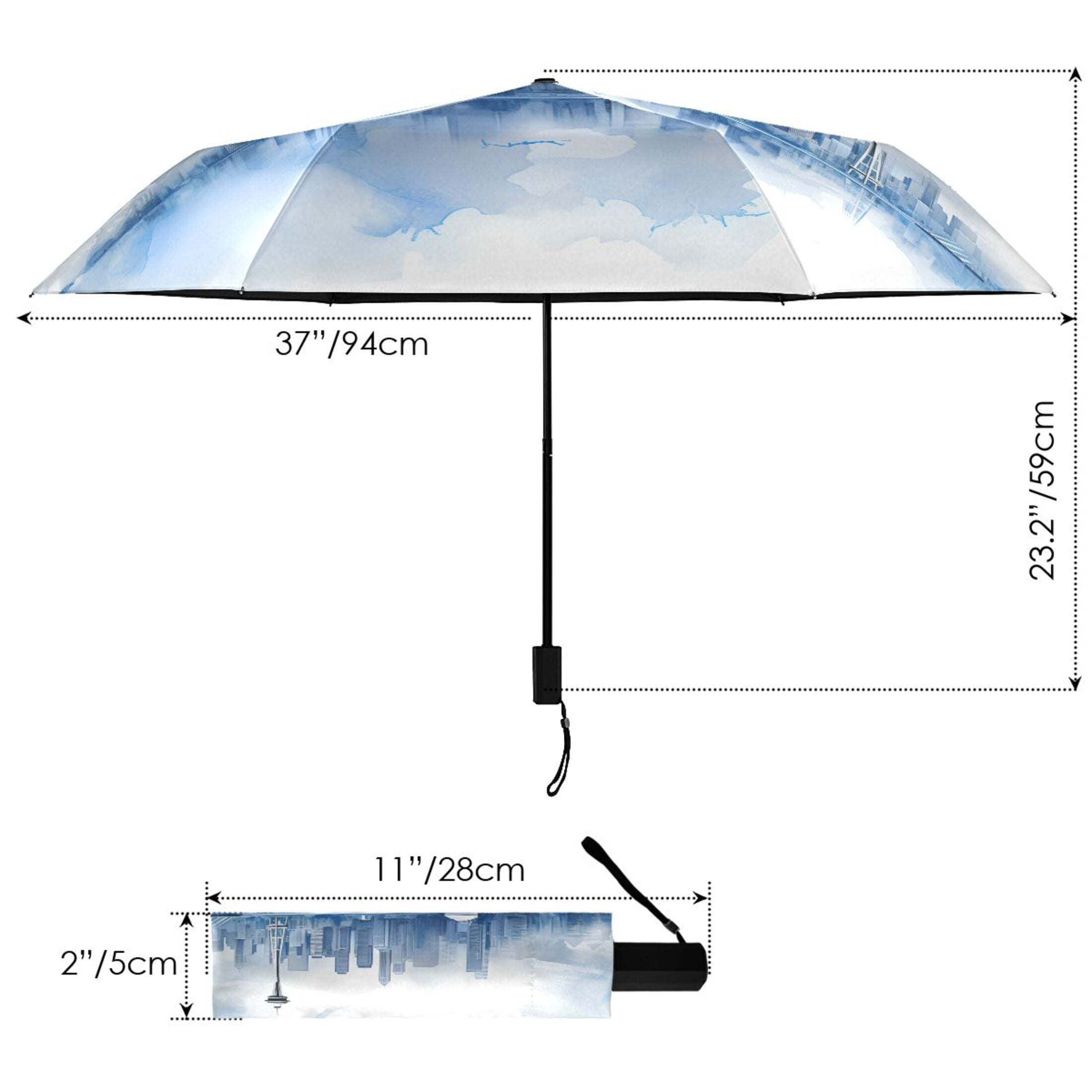 Watercolor Seattle Skyline Compact Sun Umbrella Windproof Travel Umbrellas for Rain Strong Portable UV Protection