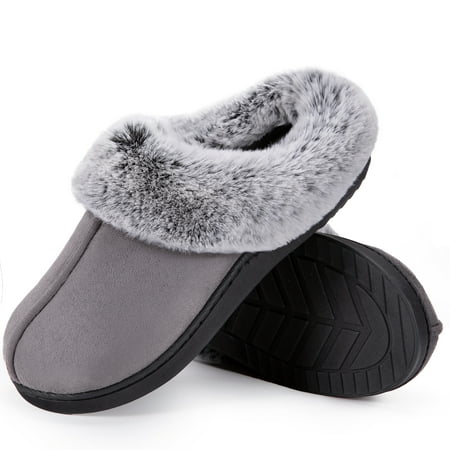 

HomeTop Women s Classic Microsuede Memory Foam Slippers Durable Rubber Sole with Warm Faux Fur Collar