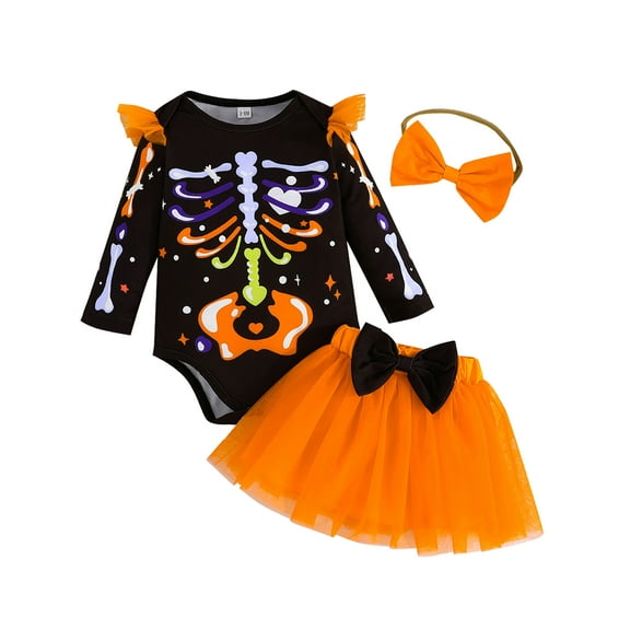 ENFLASH Newborn Baby Girl Halloween Outfit Colorful Skeleton Halloween Clothes Long Sleeve Romper Tutu Skirt Headband 3Pcs