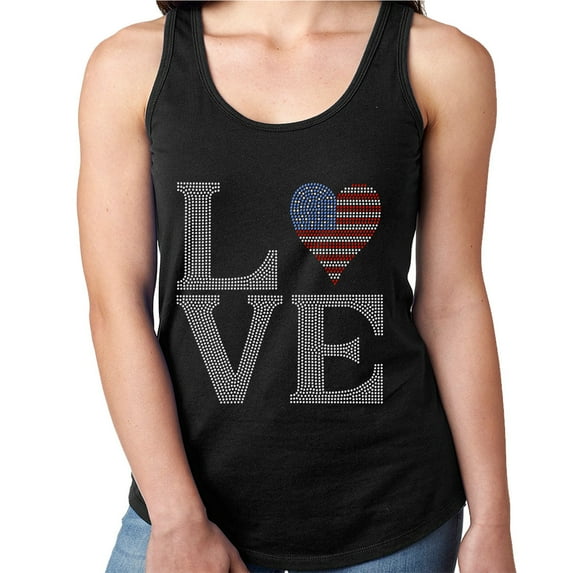 Womens T-Shirt Rhinestone Bling Black Tee LOVE USA Flag 4th of July Tank Racer Back Small