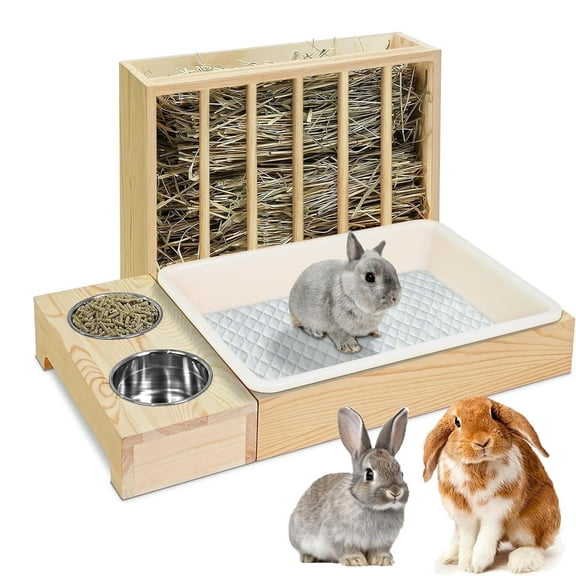 Rabbit Hay Feeder, Rabbit Litter Box, 3 in 1 Wooden Hay Feeder with Litter Box And 2 Bowls, Standing Pet-self Feeding Hay, Wooden Bunny Toilet, Rack Hay Holder for Guinea Pig, Chinchillas, Hamster