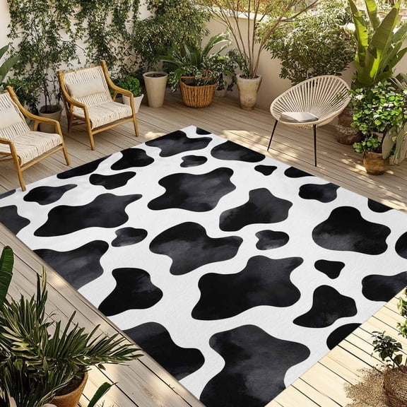 Cow Printed Outdoor Rug for Patio/Deck/Porch, Non-Slip Large Area Rug 3 x 5 Ft, Farmhouse Black White Animals Textured Indoor Outdoor Rugs Washable Area Rugs, Reversible Camping Rug Carpet Runner