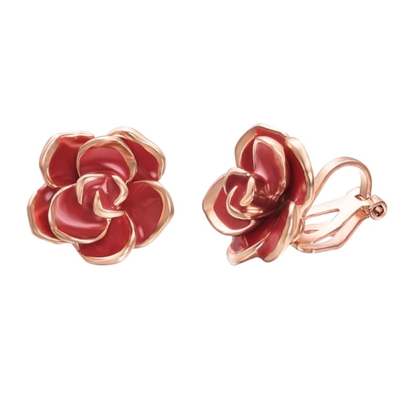 Yoursfs Red Rose Clip on Earrings for Women Wedding Prom Gold Plated Enamel Flower Clip Earrings Non Pierced Ears Hypoallergenic Jewelry
