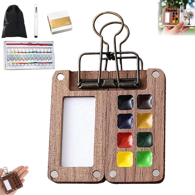 Solysta Mini juego de acuarela, paleta de pintura de viaje Solysta, paquete de paleta de pintura lista para viajar, mini juego de pintura de acuarela Solysta, mini bandeja de pintura de viaje de mader