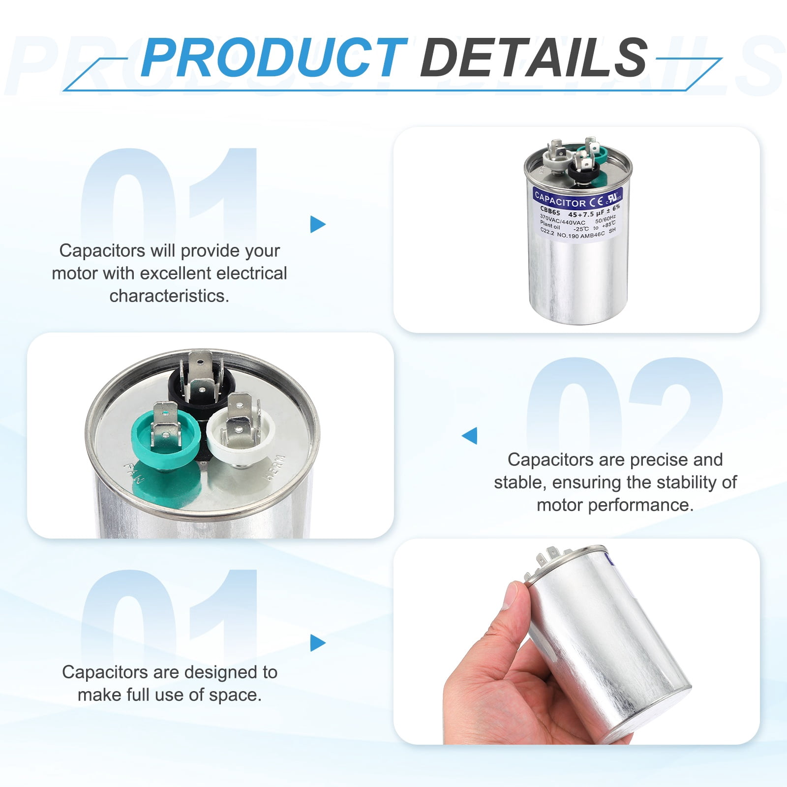Uxcell 45+7.5MFD CBB65 Run Start Capacitor 45+7.5uF, 370/440V Round AC Capacitor for AC Motor Run, HVAC, Air Conditioner, Condenser Motors