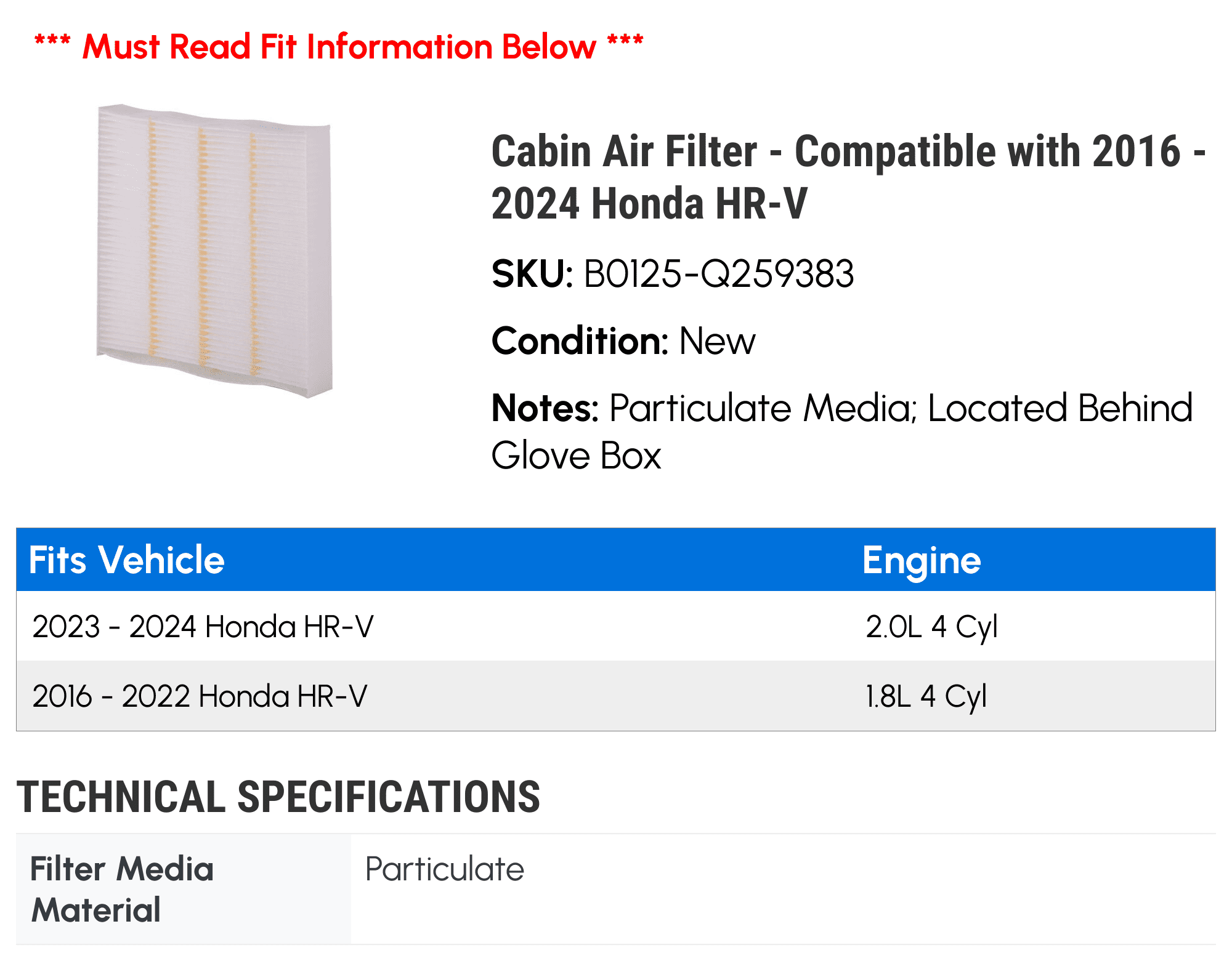 Cabin Air Filter - Compatible with 2016 - 2024 Honda HR-V 2017 2018 2019 2020 2021 2022 2023