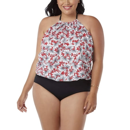 Simply Slim Women's Plus-Size High Neck Blouson One-Piece Swimsuit