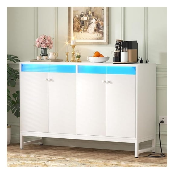 Sideboard Buffet Cabinet with Power Outlet, Kitchen Storage Cabinet with LED Light & Doors, Accent Cabinets Cupboard Buffet Table with Storage for Dining Room, Living Room, Hallway, White