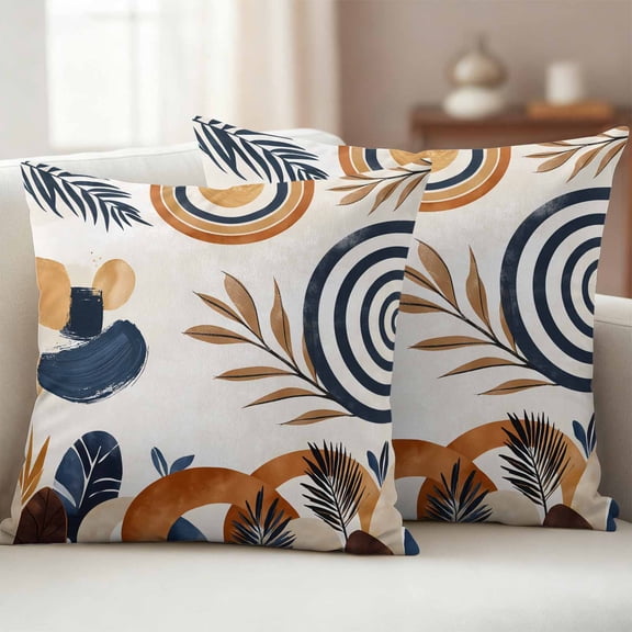Pack of 2 Outdoor Pillow Covers,Waterproof Brown Nave Blue Boho Throw Pillow Covers,Modern Geometric Botanical Decorative Pillowcases Cushion Covers for Patio Couch Pillow Sham Protector 20x20 Inch