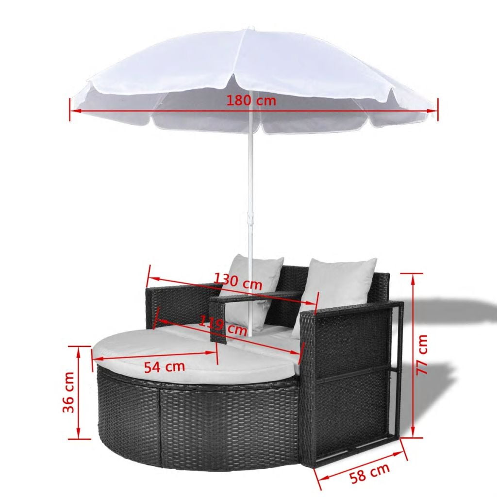 Kepooman Outdoor Patio 2-Person Rattan Sun Lounger with Cushion & Parasol, Black Kepooman Outdoor Patio 2-Person Rattan Sun Lounger with Cushion & Parasol, Black