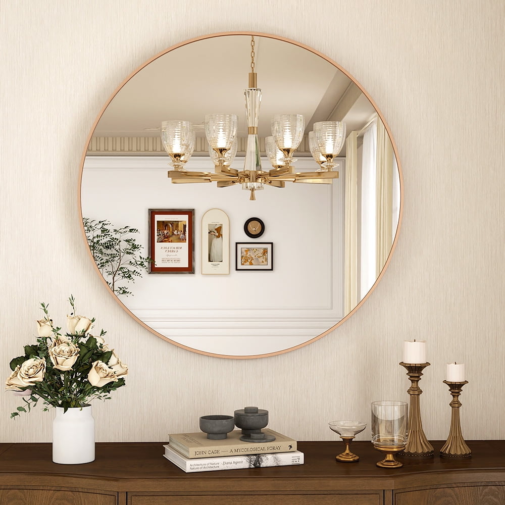 Abble 36'' Wall Mirror Round Vanity Mirror Aluminium Framed Circle Bathroom Mirror Modern Wall Mirror, Gold