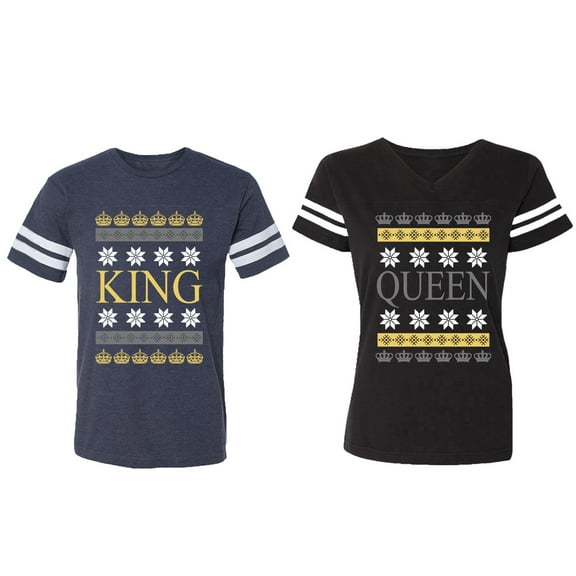 Christmas King Queen Matching Couple Cotton Jerseys (Men Navy / Women Black) (Men S / Women S)